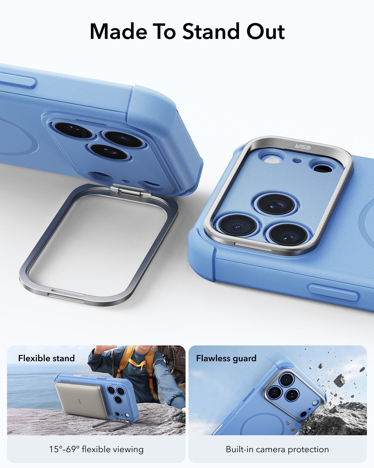 ESR Misty Blue iPhone 18 Pro Max Tough Phone Case Magsafe with Stand Made To Stand Out