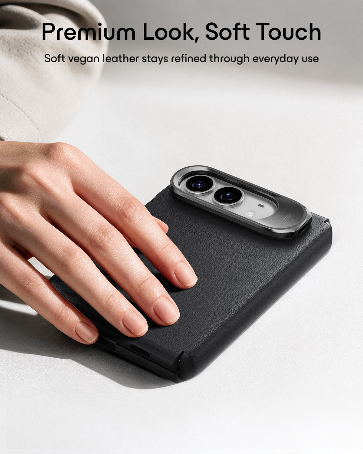 Black Vegan Leather iPhone Duo Magsafe Case with Stand Premium Look, Soft Touch