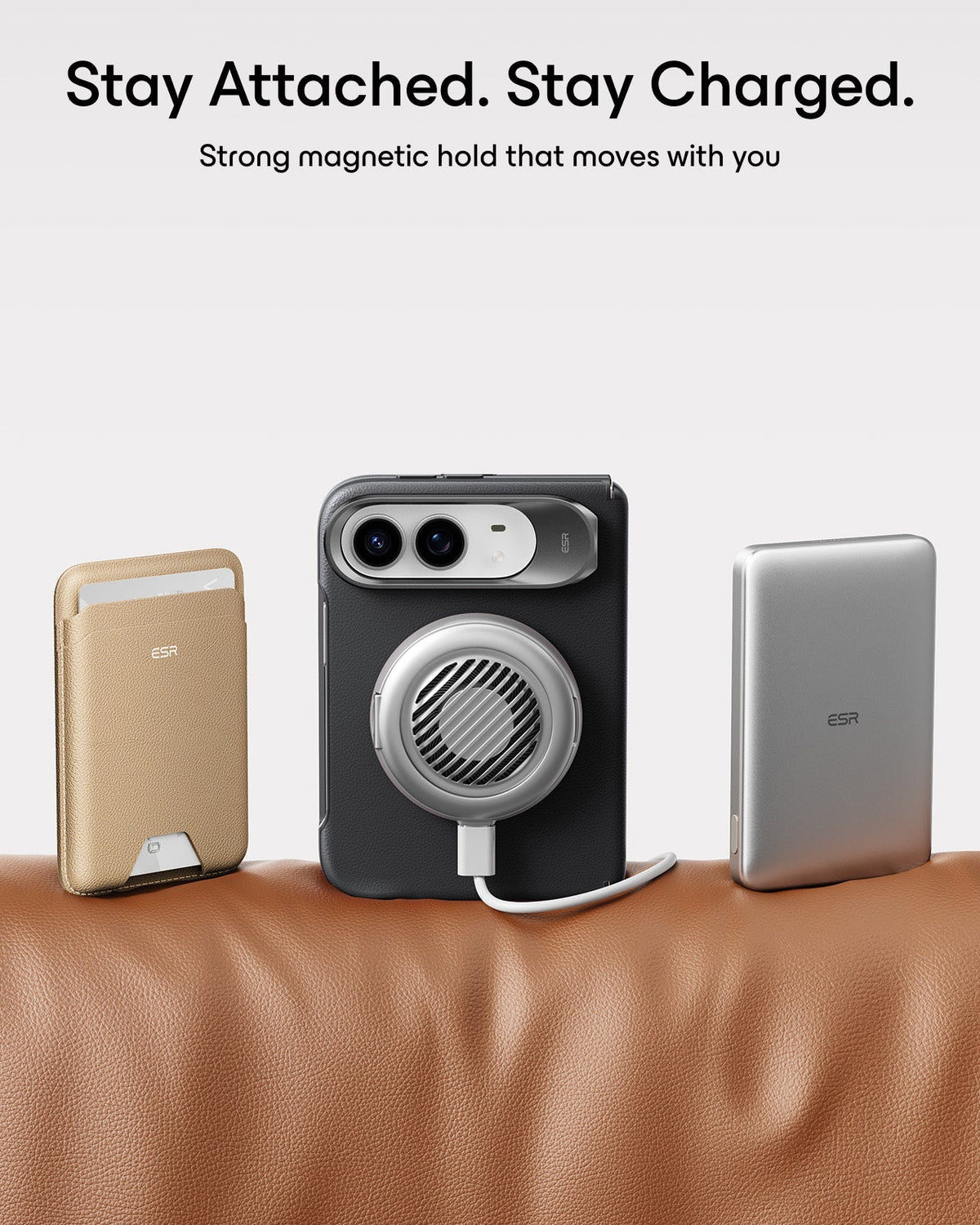 Black Vegan Leather iPhone Duo Magsafe Case with Stand Stay Attached. Stay Charged.