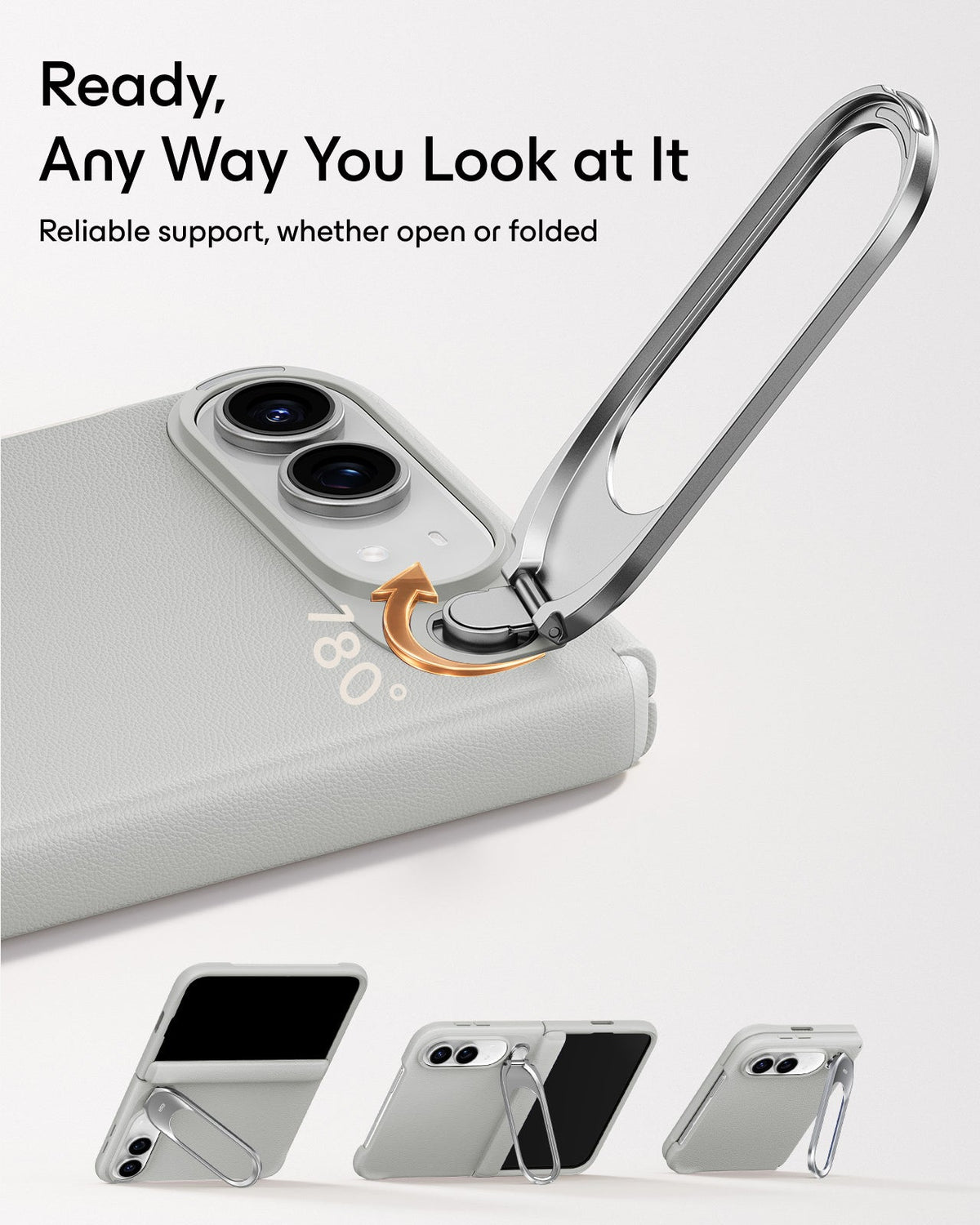 Light Gray Vegan Leather iPhone Duo Magsafe Case with Stand Ready, Any Way You Look at It