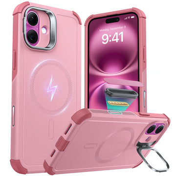 iPhone 16 Coque magnétique robuste série Cyber (Commande de la caméra, support Stash) - Pink