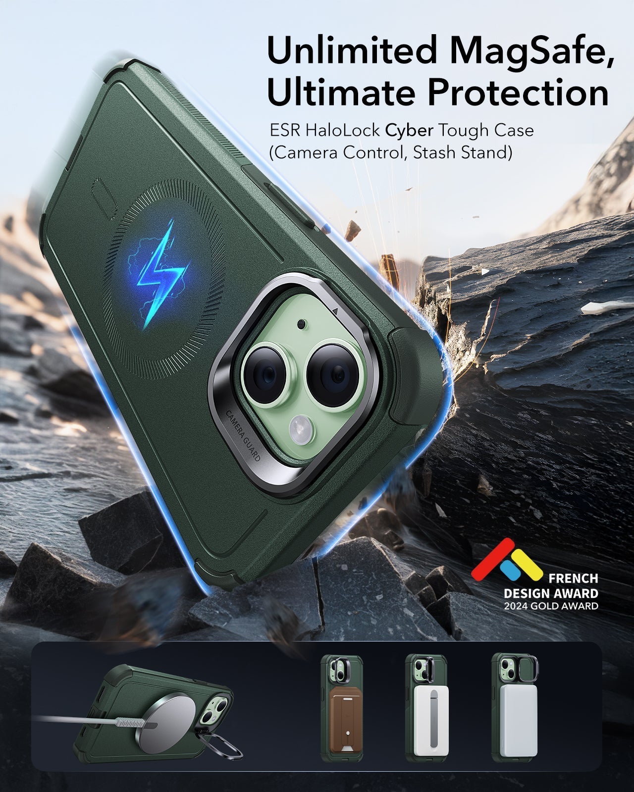 iPhone 15 Cyber Tough Case with Stash Stand (HaloLock) - Green ESR ESR