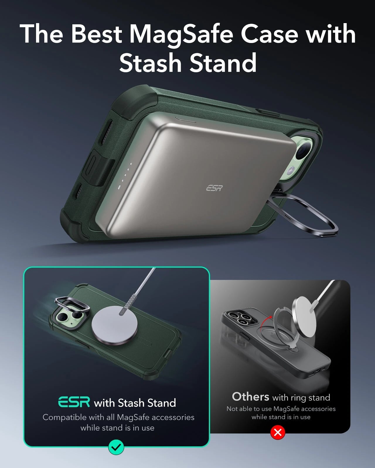 iPhone 15 Cyber Tough Case with Stash Stand (HaloLock) - Green ESR ESR