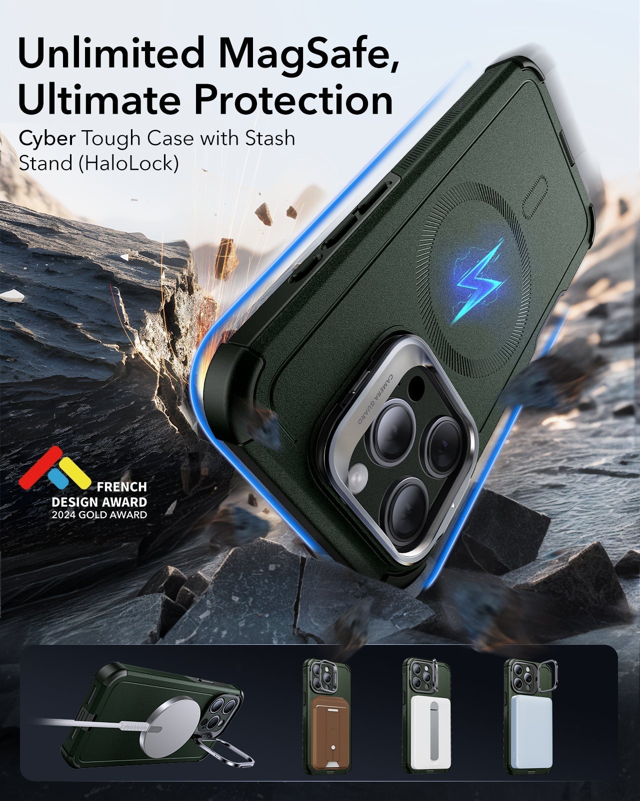 iPhone 15 Pro Cyber Tough Case with Stash Stand (HaloLock) - Dark Green ESR ESR
