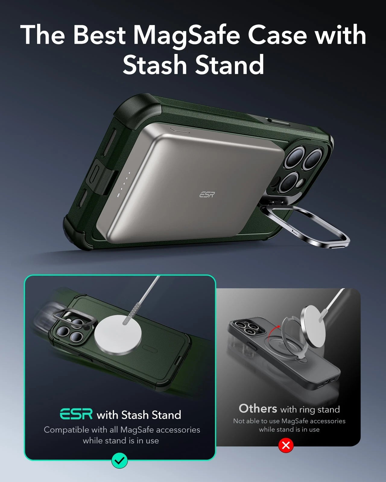 iPhone 15 Pro Cyber Tough Case with Stash Stand (HaloLock) - Dark Green ESR ESR