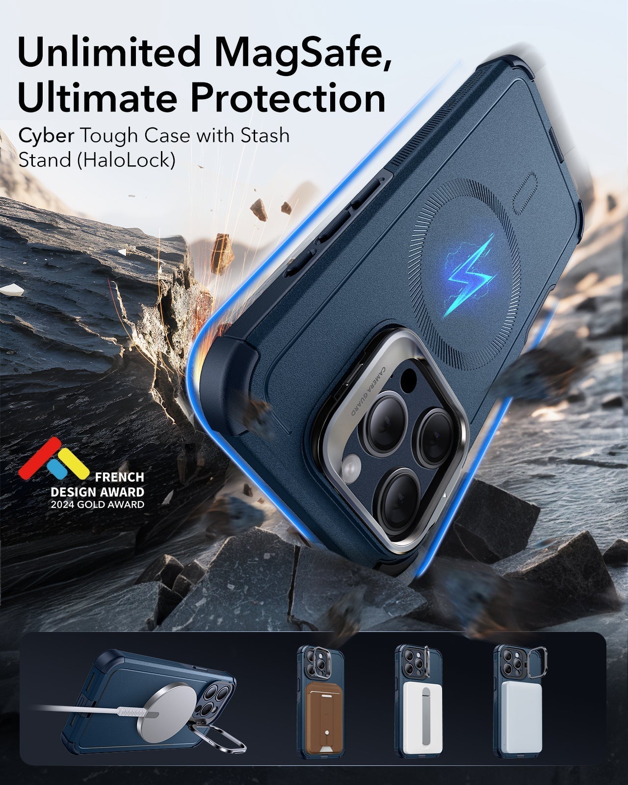 iPhone 15 Pro Max Cyber Tough Case with Stash Stand (HaloLock) - Dark Blue ESR ESR