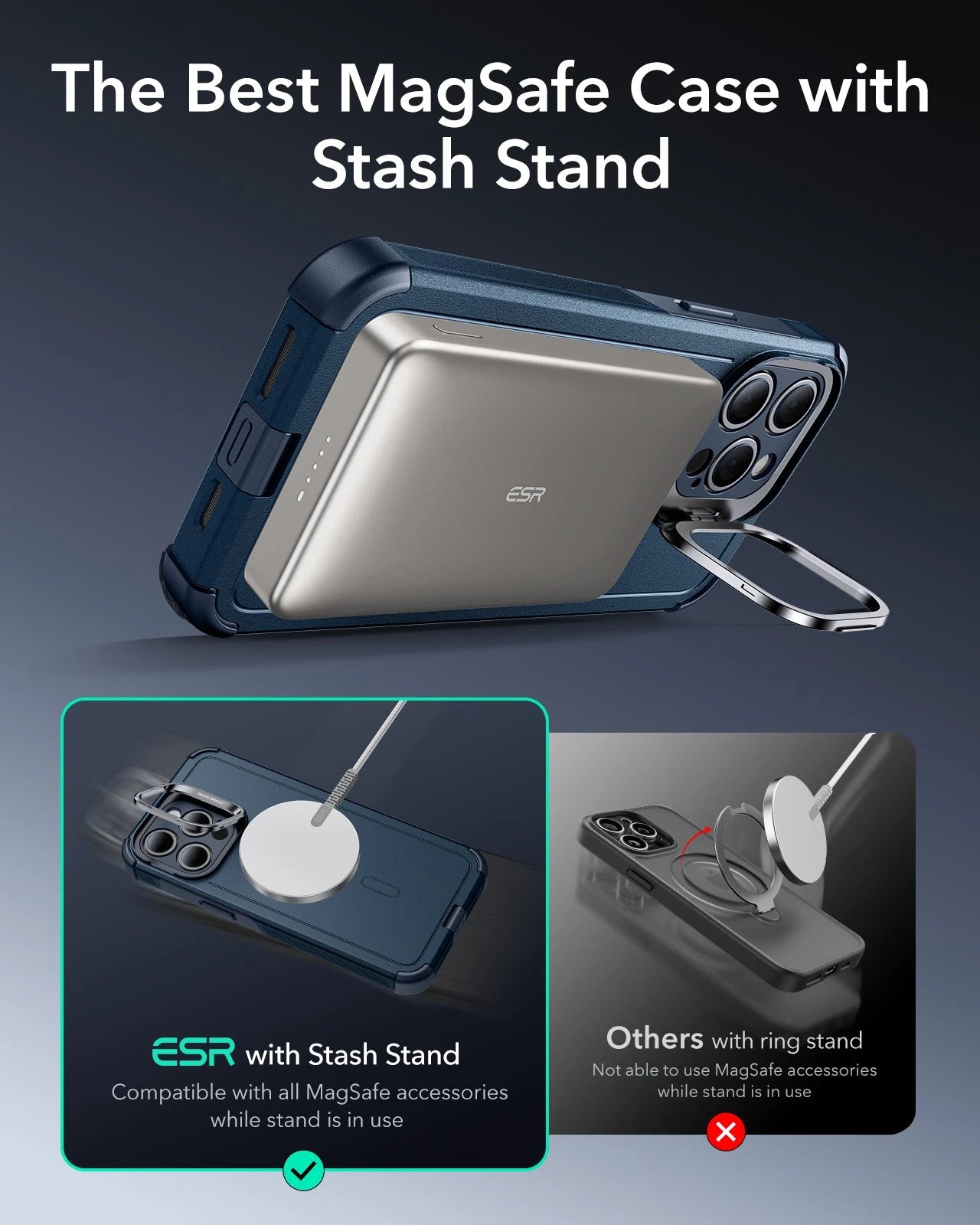iPhone 15 Pro Max Cyber Tough Case with Stash Stand (HaloLock) - Dark Blue ESR ESR