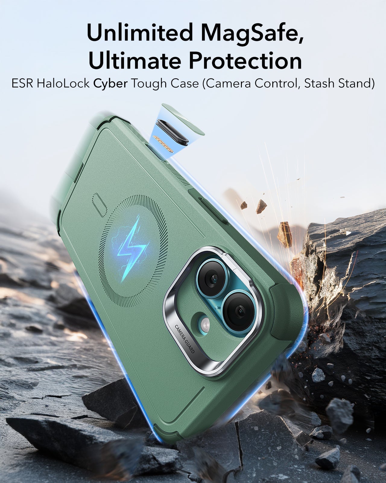 iPhone 16 Plus Cyber Tough Magnetic Case (Camera Control, Stash Stand) - Light Green ESR ESR