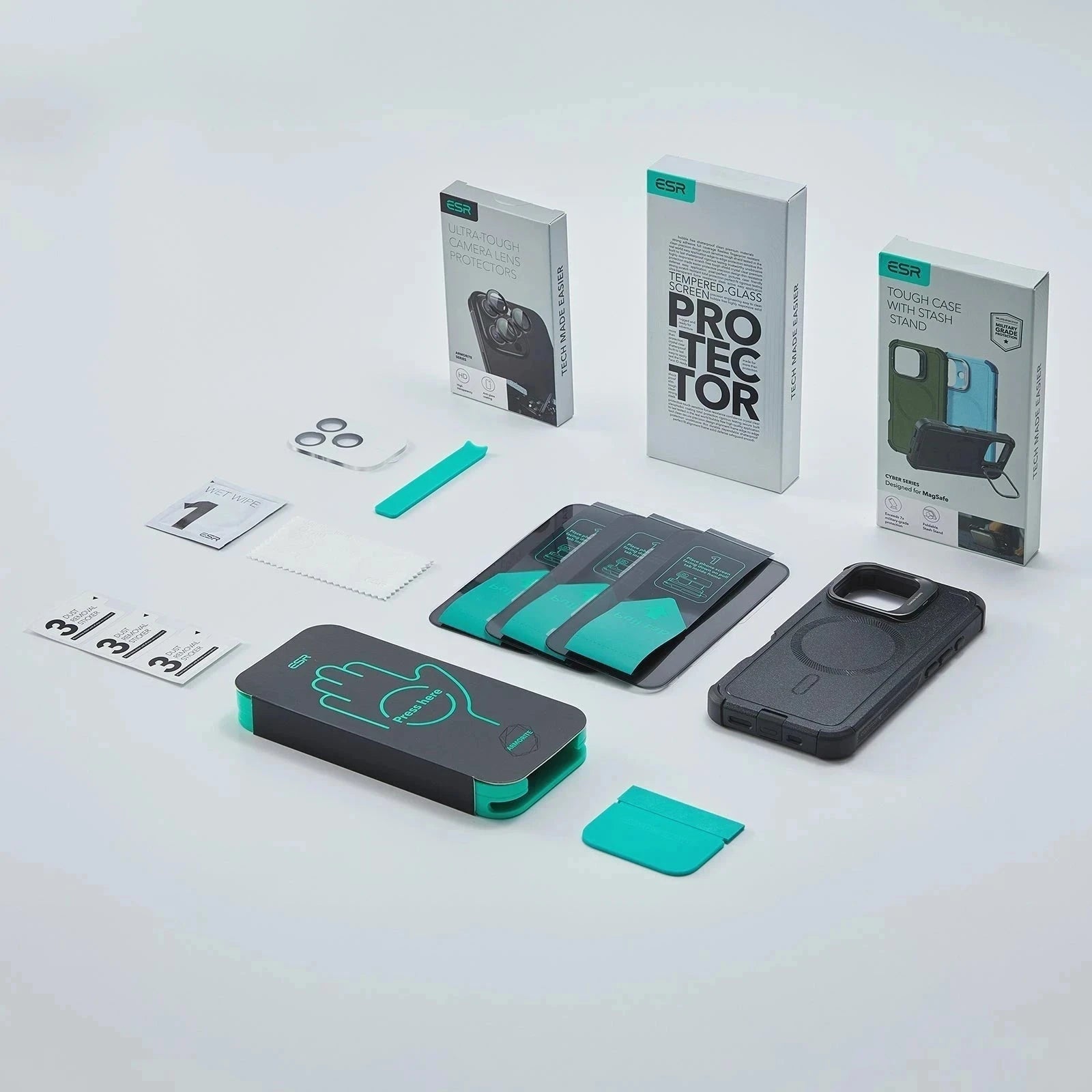 iPhone 16 Pro Cyber Tough Magnetic Case Privacy Protection Bundle (Camera Control, Stash Stand) - Black ESR ESR