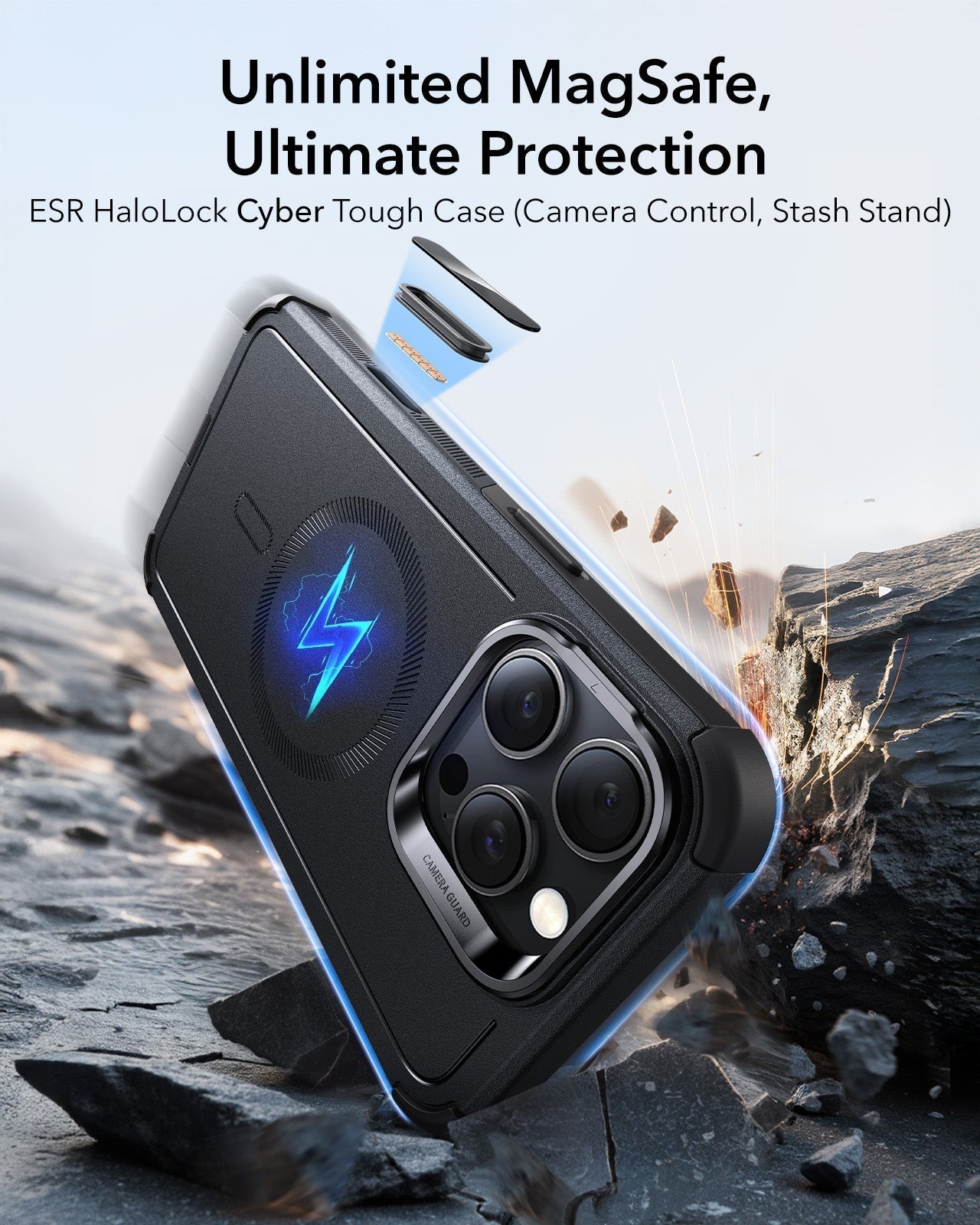 iPhone 16 Pro Cyber Tough Magnetic Case Privacy Protection Bundle (Camera Control, Stash Stand) - Black ESR ESR