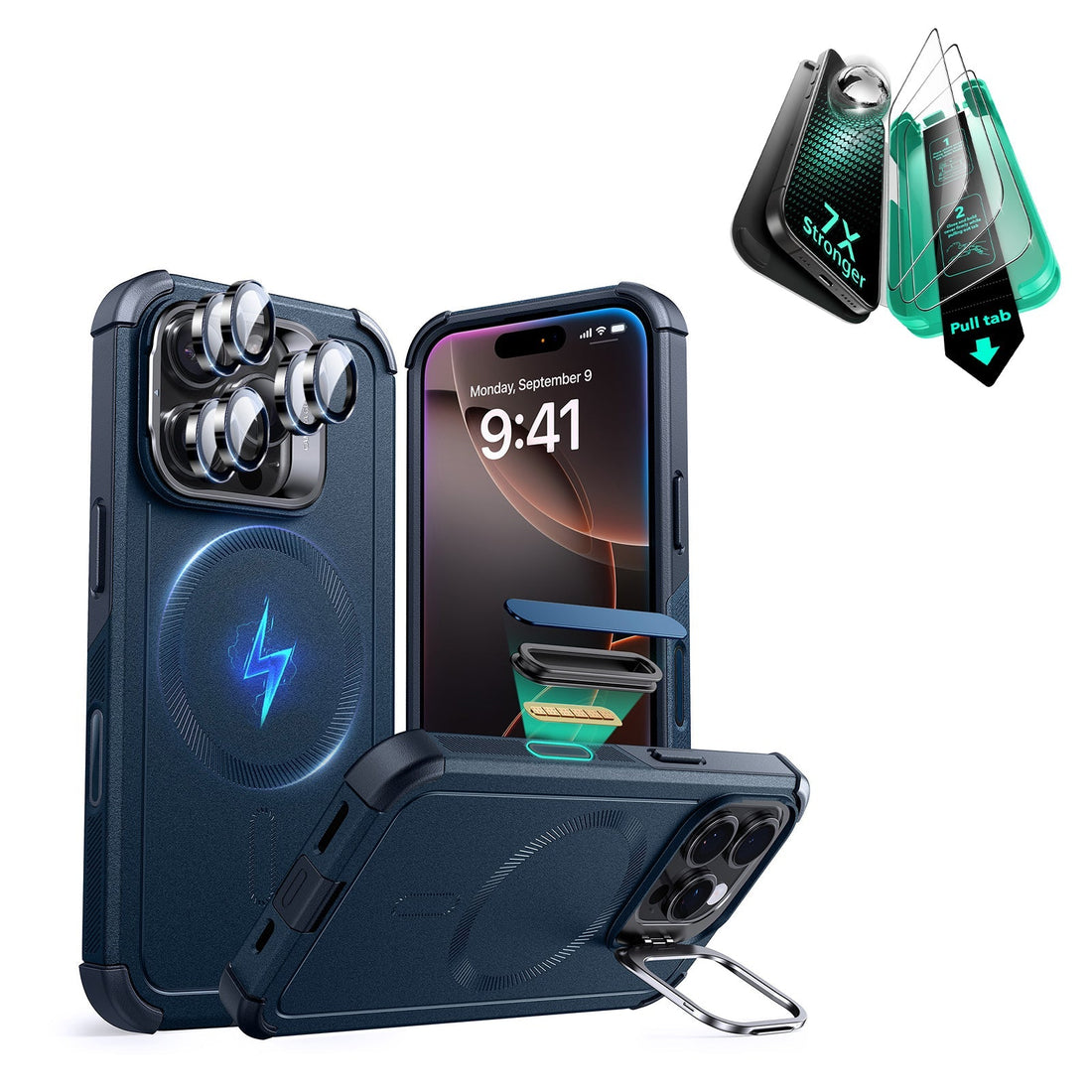 iPhone 16 Pro Cyber Tough Magnetic Case Protection Bundle (Camera Control, Stash Stand) - Navy Blue ESR ESR