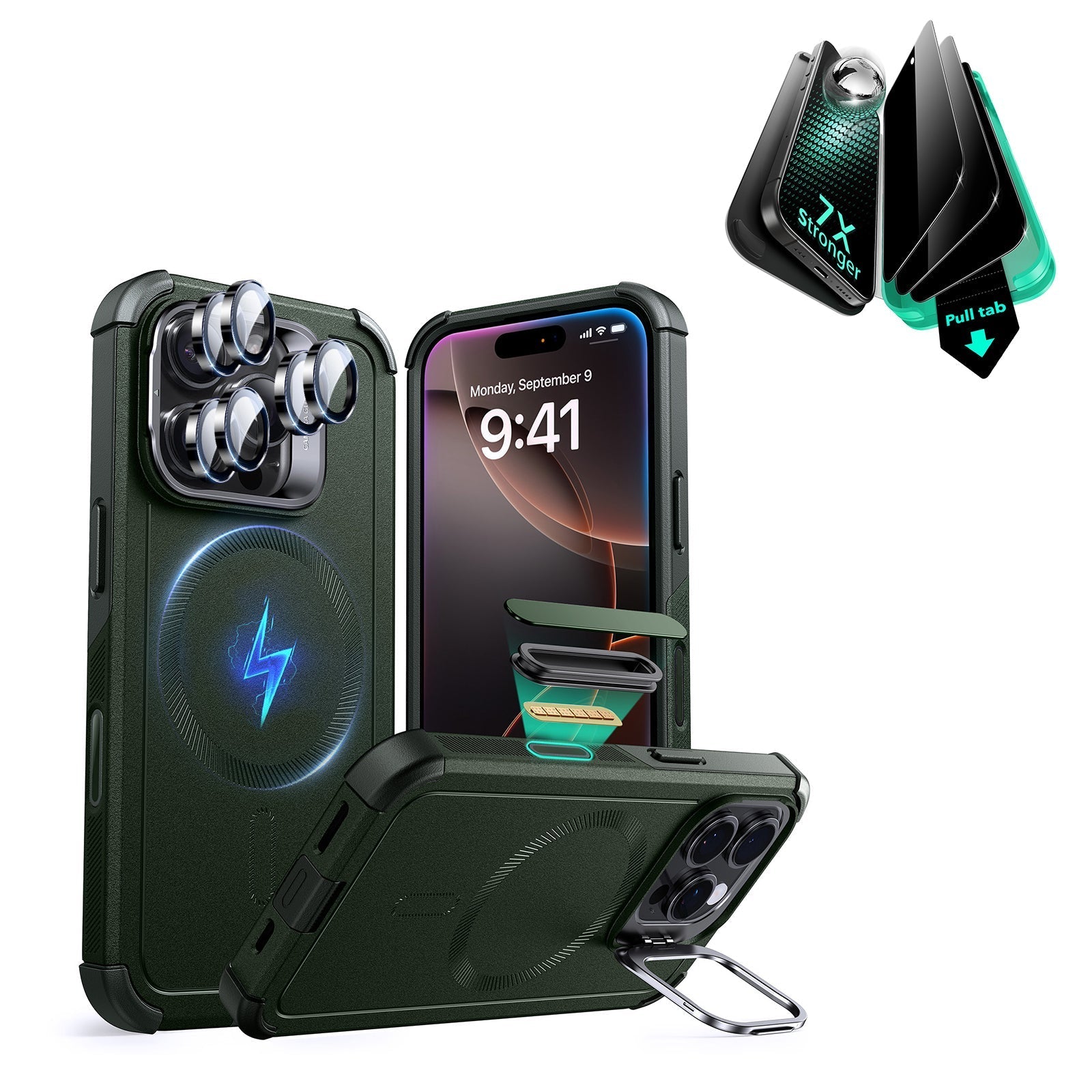 iPhone 16 Pro Max Cyber Tough Magnetic Case Privacy Protection Bundle (Camera Control, Stash Stand) - Army Green ESR ESR