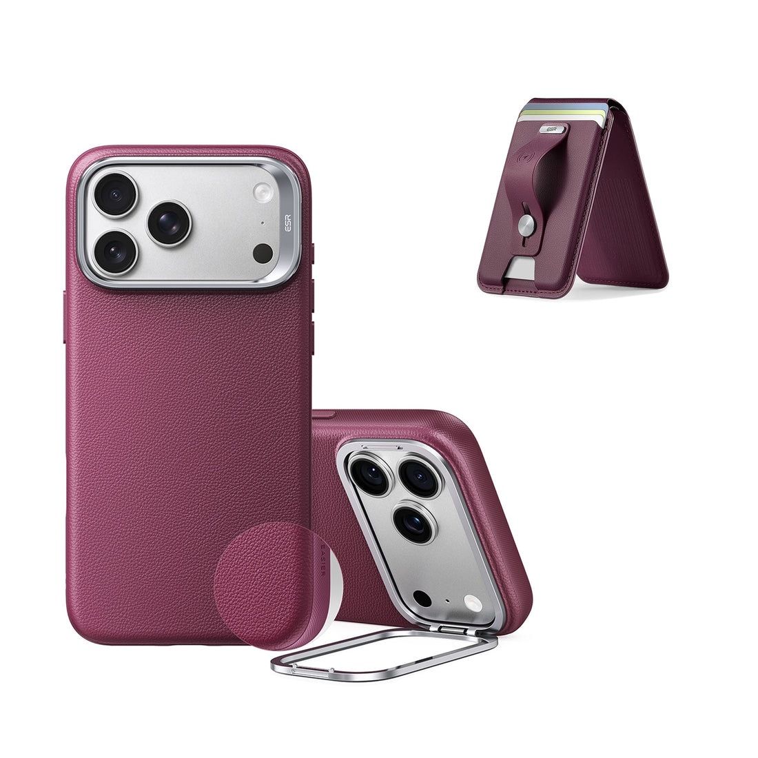 iPhone 18 Pro Atelier Silicone Leather Magnetic Case with Camera Control and Flex Stand, Plus Geo Wallet Stand Bundle - Deep Burgundy