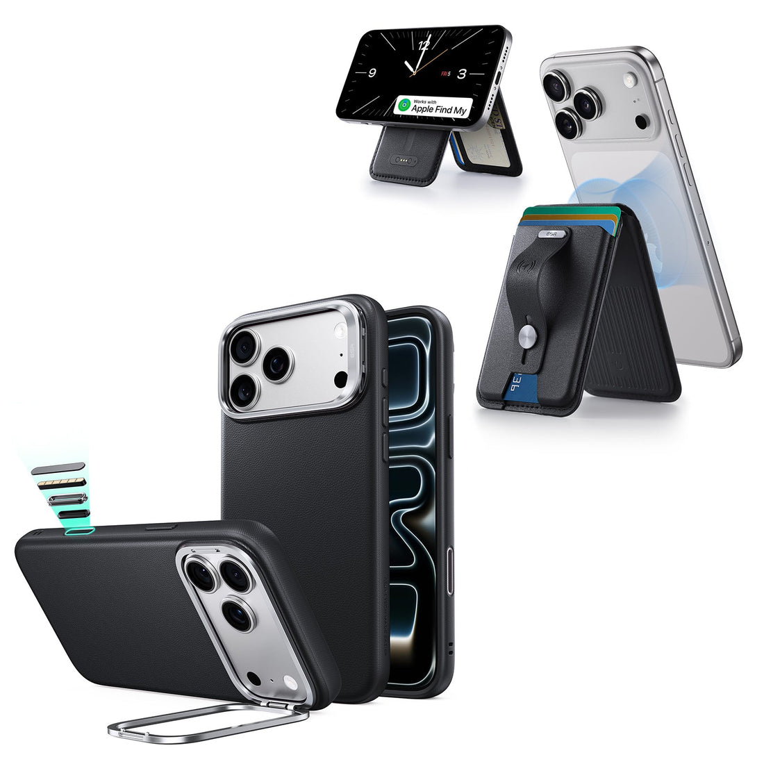 iPhone 18 Pro Atelier Vegan Leather Magnetic Case with Camera Control and Flex Stand, Plus Geo Wallet Stand Bundle - Black