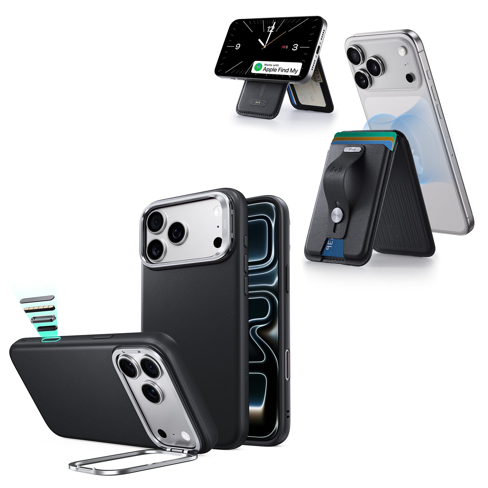 iPhone 18 Pro Atelier Vegan Leather Magnetic Case with Camera Control and Flex Stand, Plus Geo Wallet Stand Bundle - Black