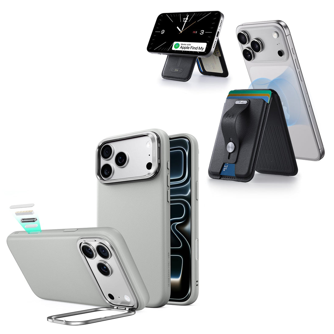 iPhone 18 Pro Atelier Vegan Leather Magnetic Case with Camera Control and Flex Stand, Plus Geo Wallet Stand Bundle - Gray