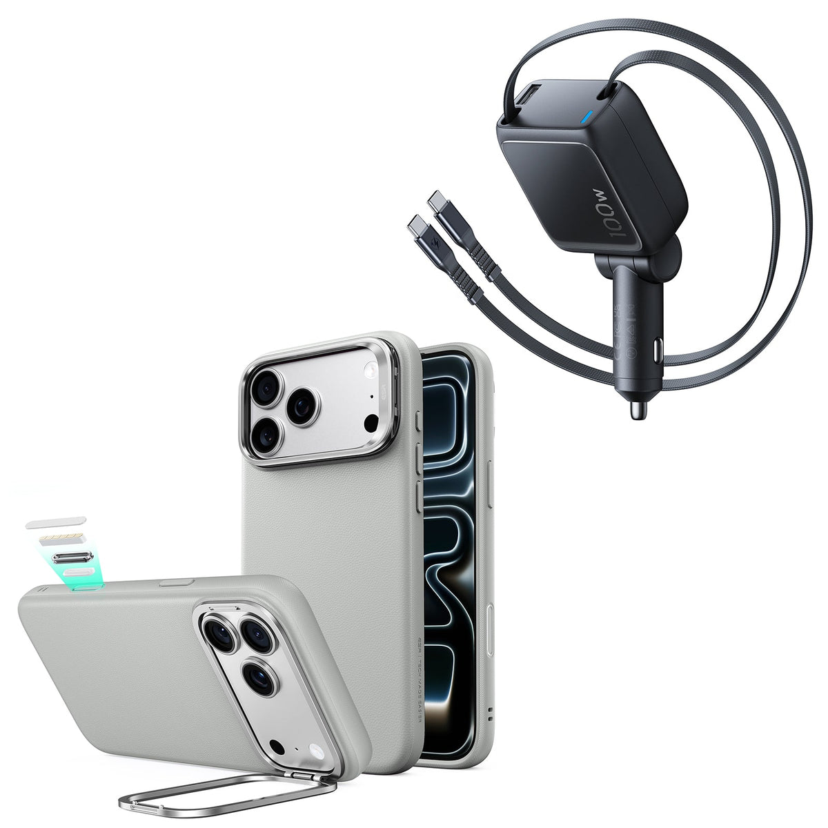 iPhone 18 Pro Atelier Vegan Leather Magnetic Case with Camera Control and Flex Stand, Plus Xtend 100W Retractable Car Charger Bundle - Gray