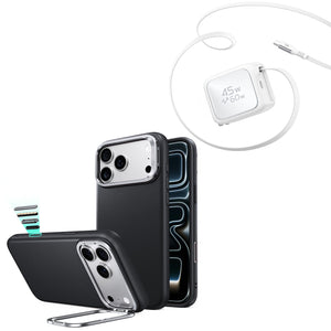 iPhone 18 Pro Atelier Vegan Leather Magnetic Case with Camera Control and Flex Stand, Plus Xtend 45W Retractable Charger Bundle - Black