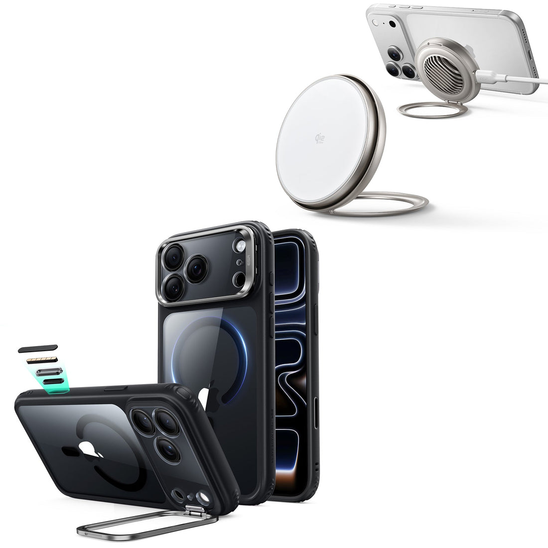 iPhone 18 Pro Classic Hybrid Magnetic Case with Camera Control and Flex Stand, Plus Cyclone 25W Magnetic Charging Pad Bundle - Clear Black
