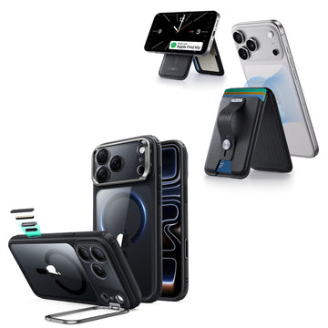 iPhone 18 Pro Classic Hybrid Magnetic Case with Camera Control and Flex Stand, Plus Geo Wallet Stand Bundle - Clear Black