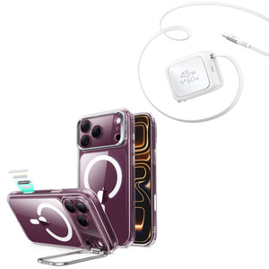 iPhone 18 Pro Classic Hybrid Magnetic Case with Camera Control and Flex Stand, Plus Xtend 45W Retractable Charger Bundle - Clear