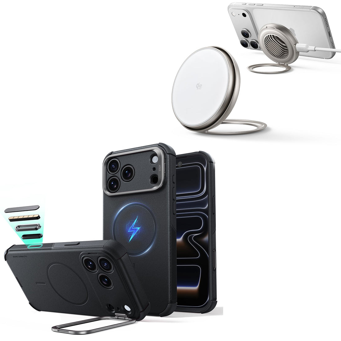 iPhone 18 Pro Cyber Tough Magnetic Case with Camera Control and Flex Stand, Plus Cyclone 25W Magnetic Charging Pad Bundle - Black