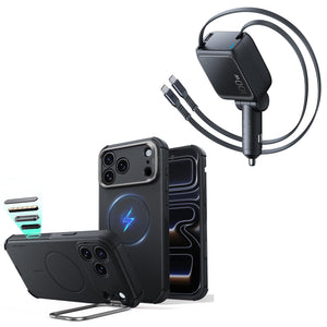 iPhone 18 Pro Cyber Tough Magnetic Case with Camera Control and Flex Stand, Plus Xtend 100W Retractable Car Charger Bundle - Black