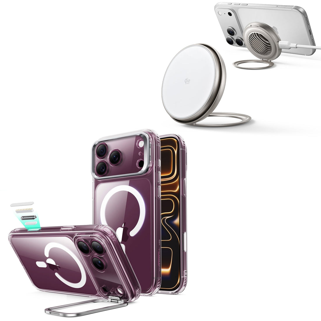 iPhone 18 Pro Max Classic Hybrid Magnetic Case with Camera Control and Flex Stand, Plus Cyclone 25W Magnetic Charging Pad Bundle - Clear