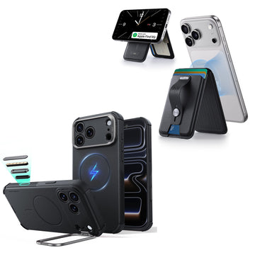 iPhone 18 Pro Max Cyber Tough Magnetic Case with Camera Control and Flex Stand, Plus Geo Wallet Stand Bundle - Black