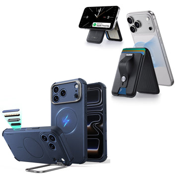 iPhone 18 Pro Max Cyber Tough Magnetic Case with Camera Control and Flex Stand, Plus Geo Wallet Stand Bundle - Navy Blue