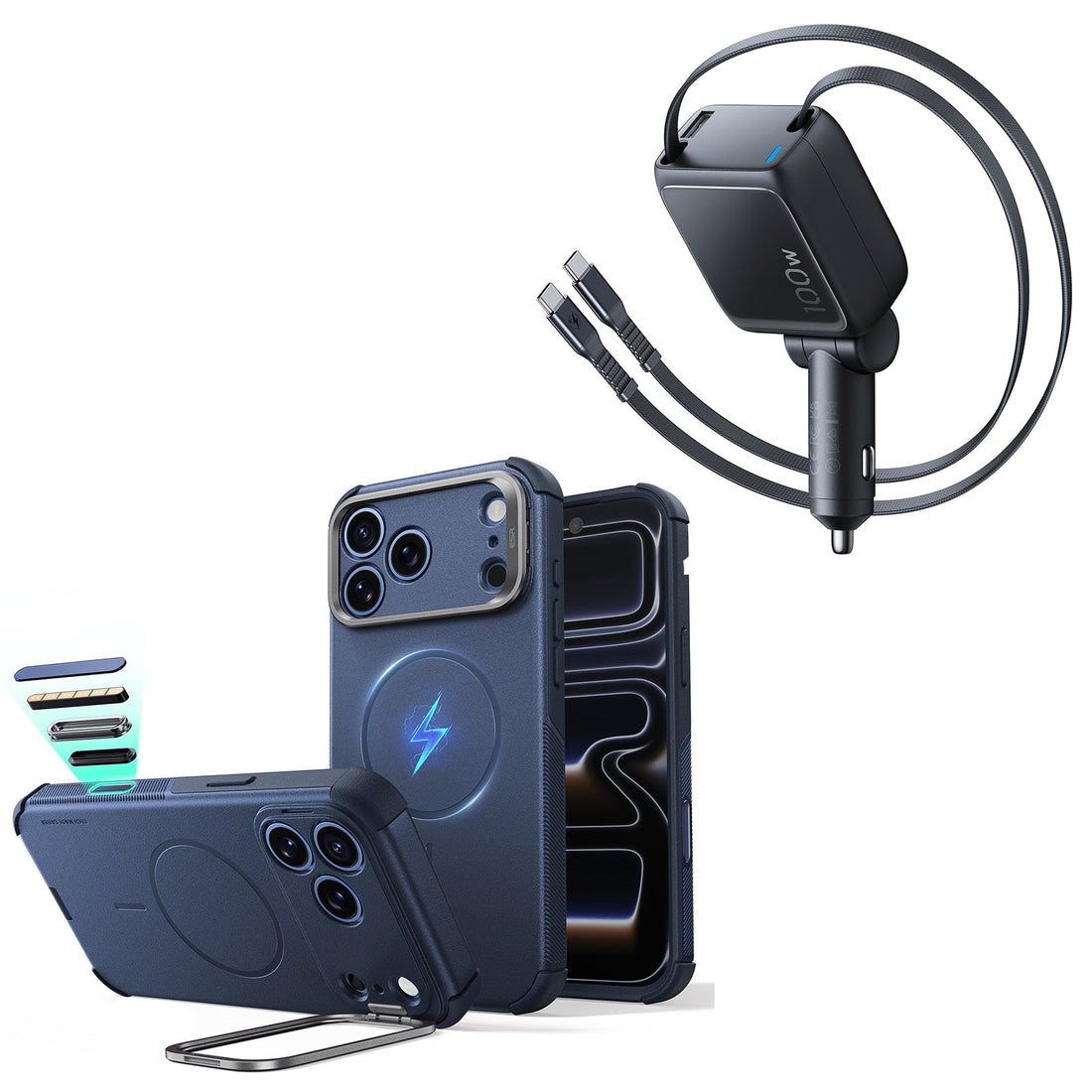 iPhone 18 Pro Max Cyber Tough Magnetic Case with Camera Control and Flex Stand, Plus Xtend 100W Retractable Car Charger Bundle - Navy Blue